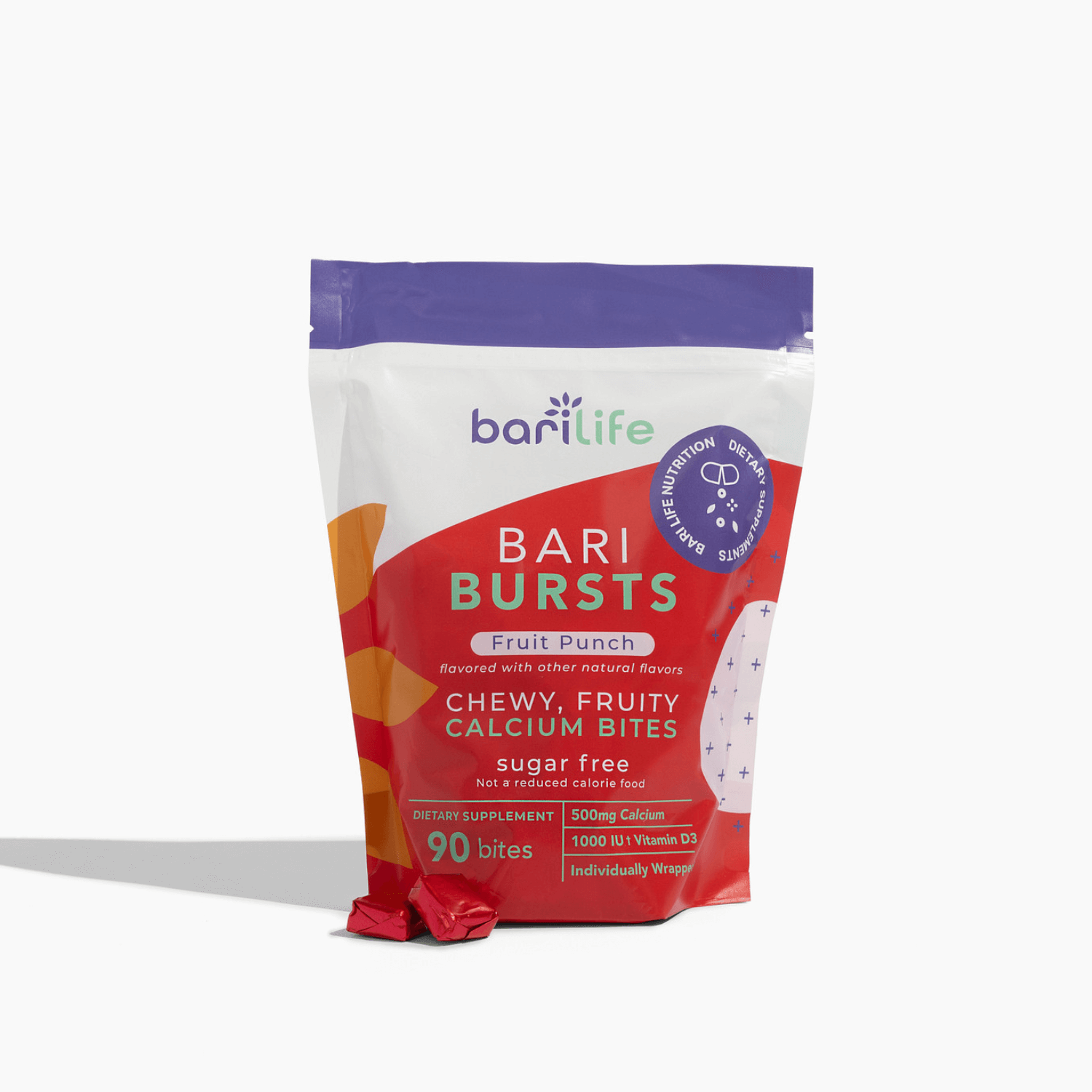 BariBurst Fruit Punch calcium chews in a colorful bag, offering tasty sugar-free calcium with Vitamin D for better absorption.